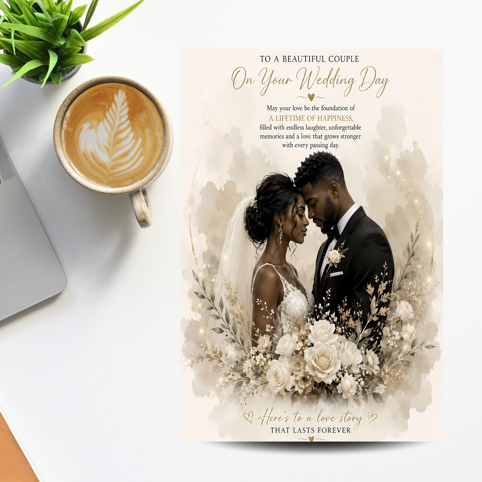 3 Black Couple Wedding Card: Bride & Groom Illustration