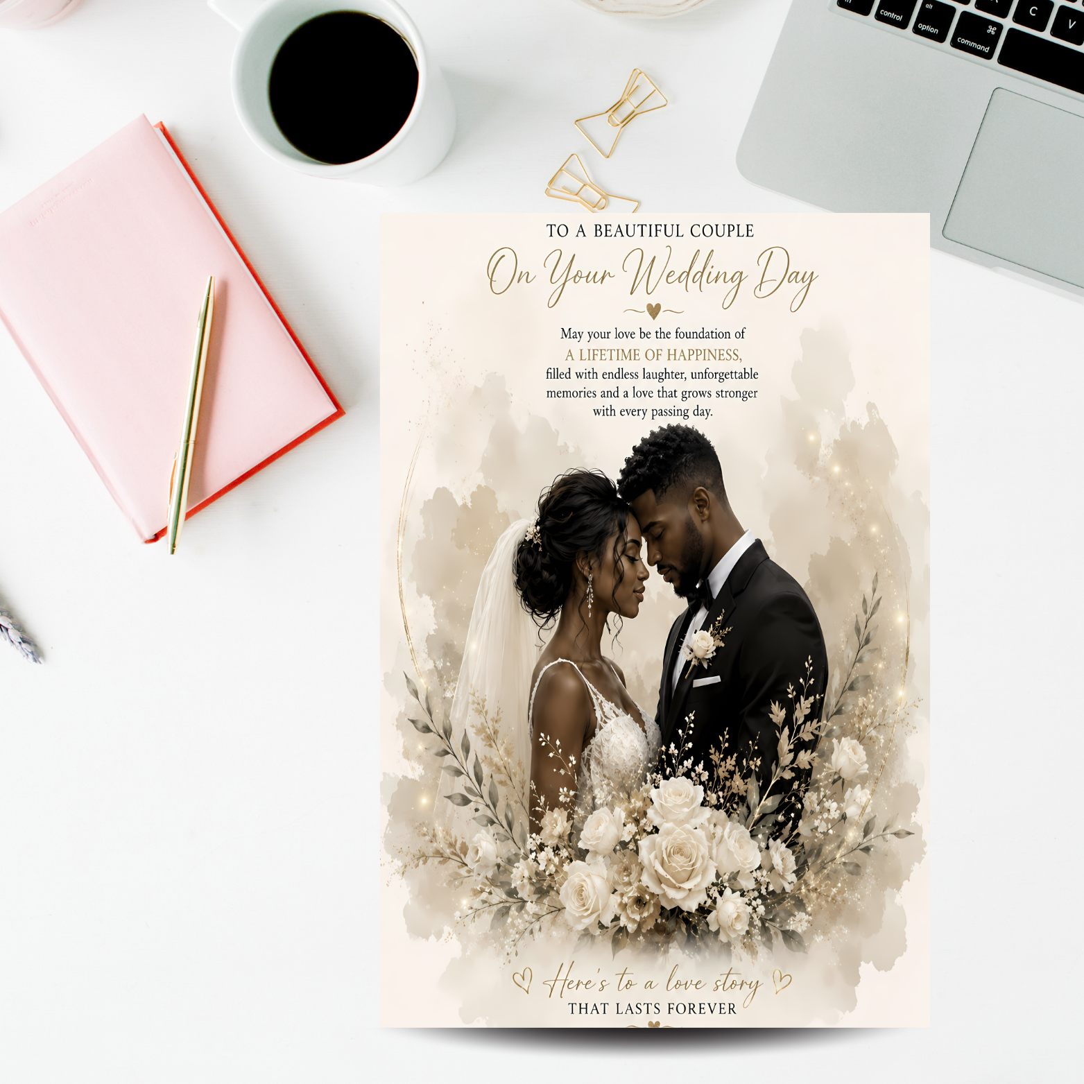 4 Black Couple Wedding Card: Bride & Groom Illustration