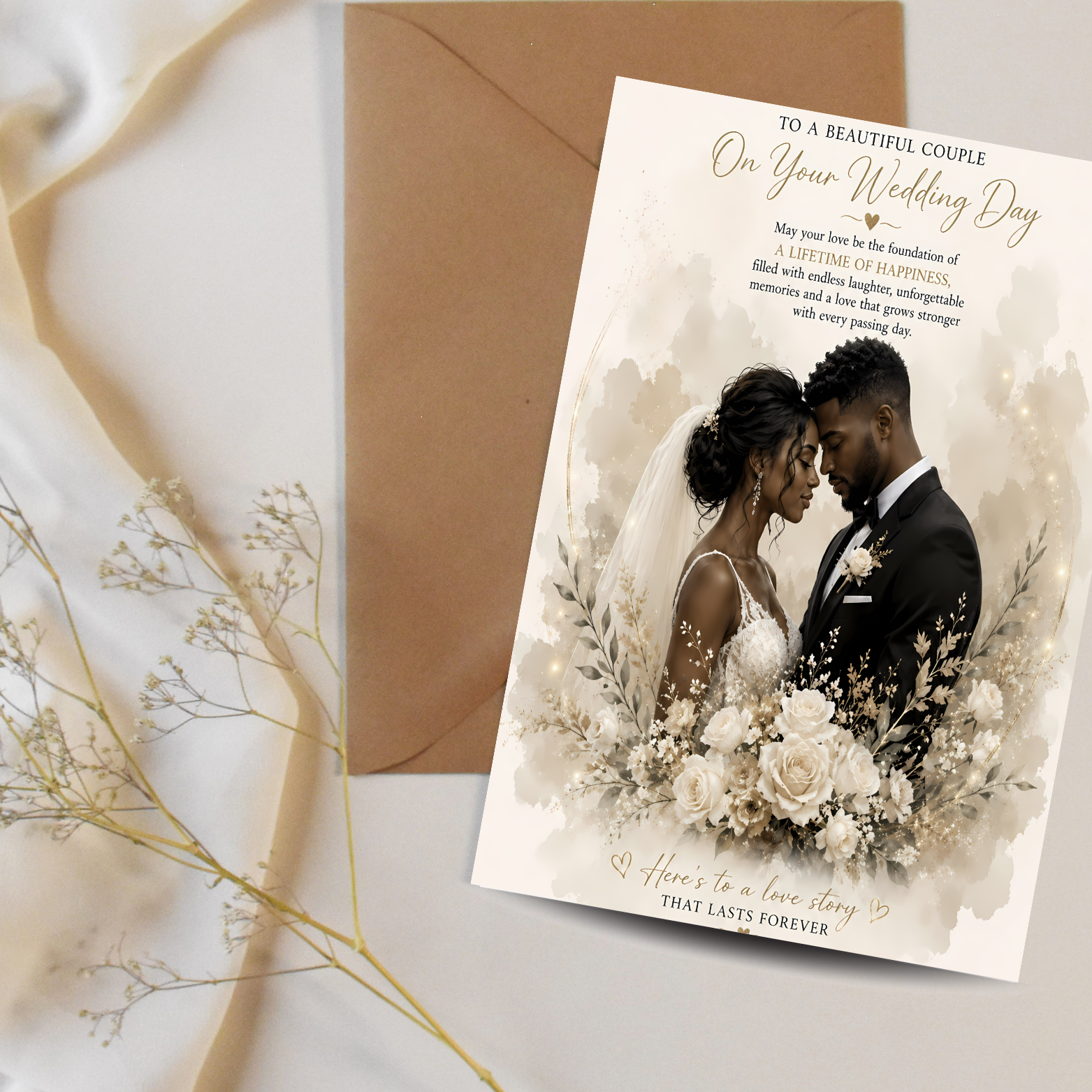 6 Black Couple Wedding Card: Bride & Groom Illustration