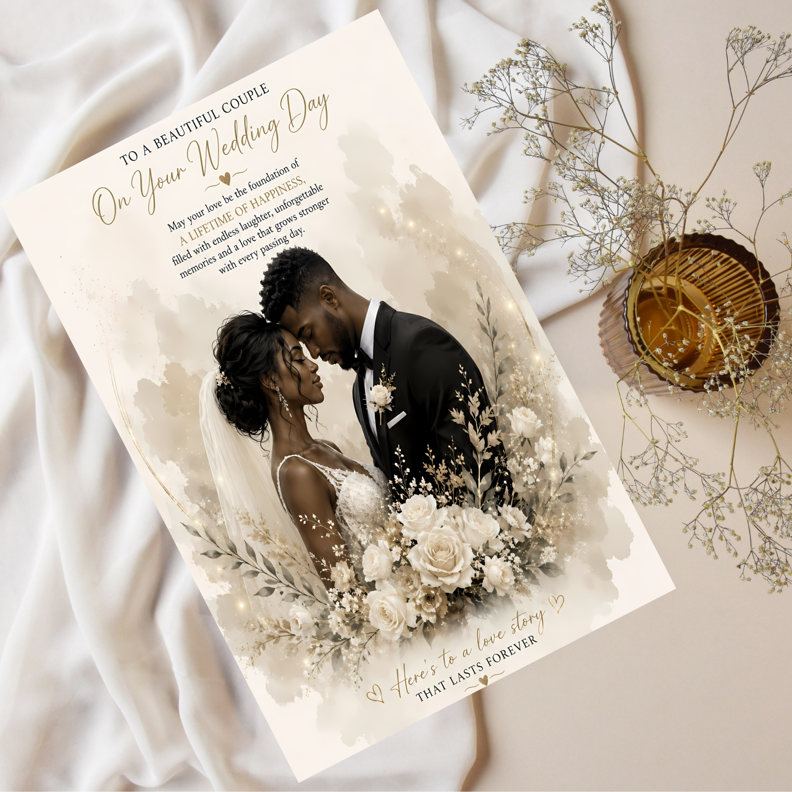 8 Black Couple Wedding Card: Bride & Groom Illustration