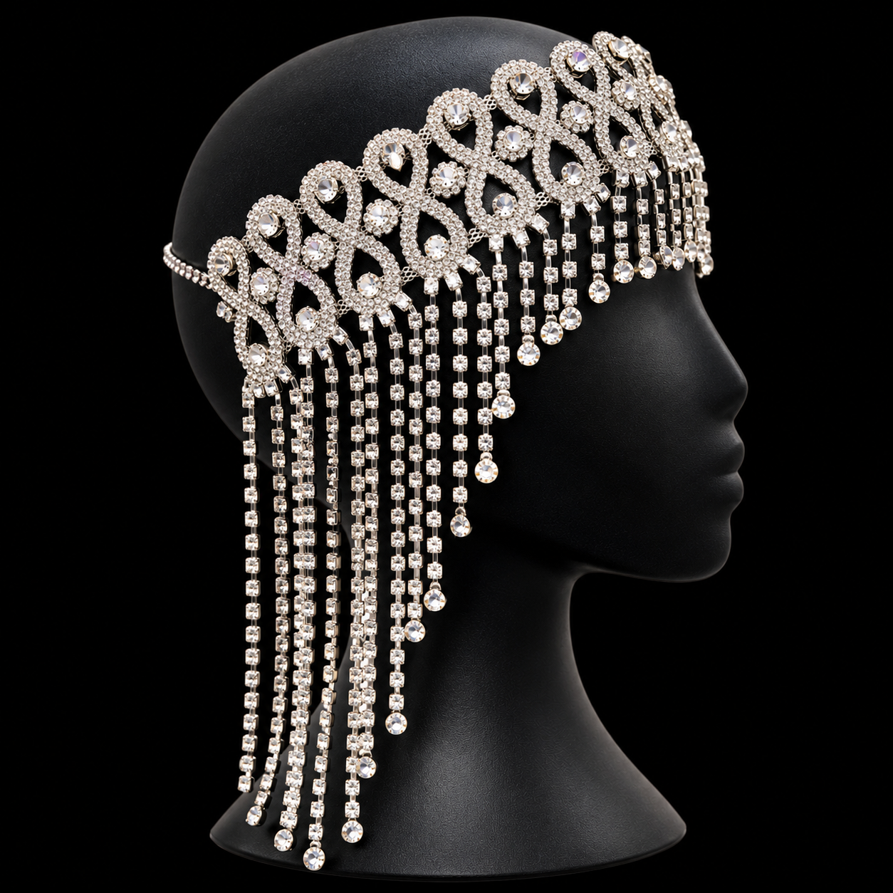 SparklingCrystalFringeCrownonBlackBust.png Milele – The Infinity Crystal Fringe Headdress