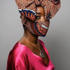 AfroFab, Regina, ankara, claret & indigo, headwrap, facemask, afrocentric, african headwraps, ankara fabric, Yasuko, silk satin tunic, £175, clariscia gill couture, CG Couture, (5)