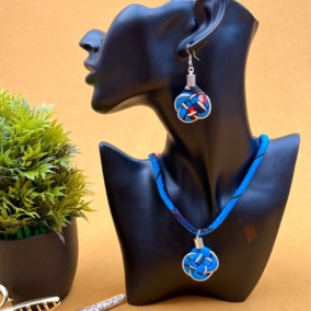 African Print Knotted Necklace and Earrings Set – Blue and Silver