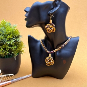 African Print Knotted Necklace and Earrings Set – Brown and Gold