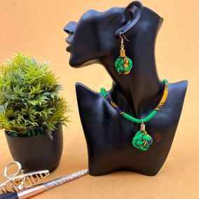 African Print Knotted Necklace and Earrings Set – Green